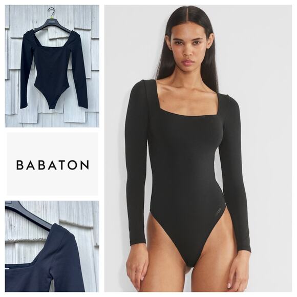 Babaton Contour Square‎ Neck Bodysuit Long Sleeve Black Thong Stretch Size XS - Picture 1 of 8